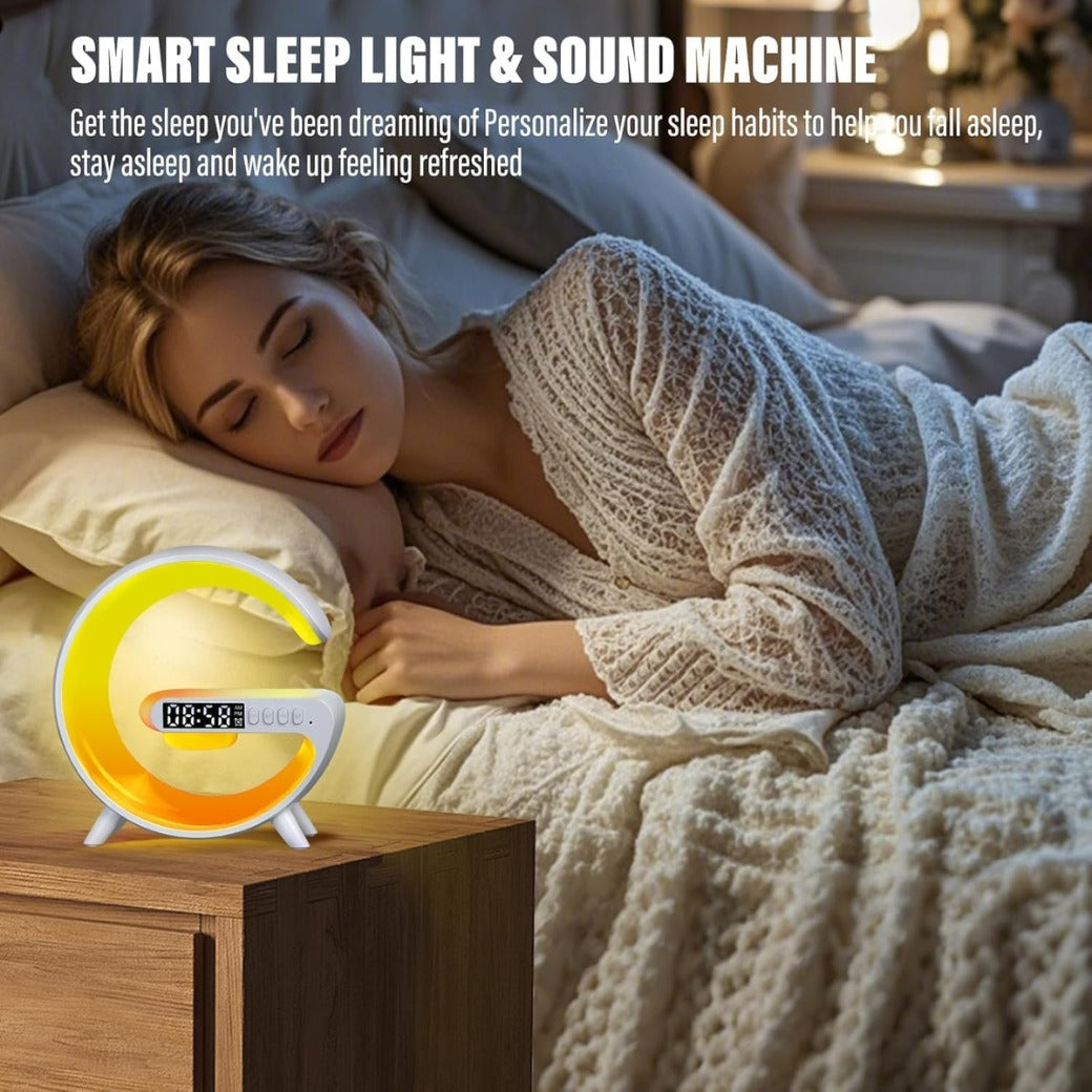 Wireless Speaker, G Shape Table Lamp,Atmosphere Night Light with Wireless Charging Function, Bedside Lamp with Alarm Clock & Charging Function,Gifts