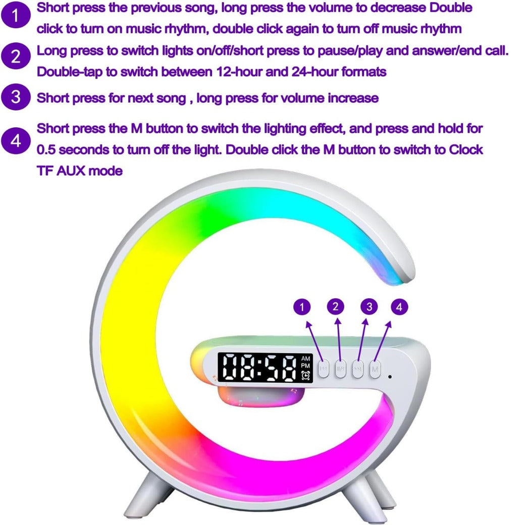 Wireless Speaker, G Shape Table Lamp,Atmosphere Night Light with Wireless Charging Function, Bedside Lamp with Alarm Clock & Charging Function,Gifts