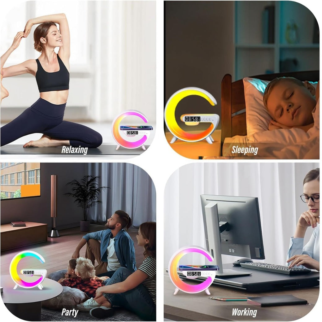 Wireless Speaker, G Shape Table Lamp,Atmosphere Night Light with Wireless Charging Function, Bedside Lamp with Alarm Clock & Charging Function,Gifts