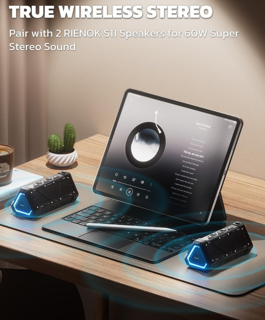 RIENOK S11 Bluetooth Speaker 30W Wireless Portable IPX7 Waterproof Speaker with 3 EQ Modes USB Audio Mode 24H Playtime Bluetooth 5.3 TF Card Up to 32G Speakers for Home Garden Party Camping Travel
