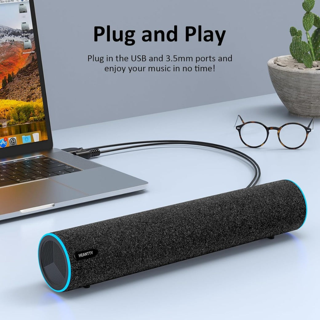 Computer Speakers, USB Powered PC Speakers with Blue LED Lights, Enhanced-Stereo Soundbar for Computer Monitor,3.5mm Aux Input & Volume Knob PC Soundbar for Desktop PC Laptop Monitor Smartphone.