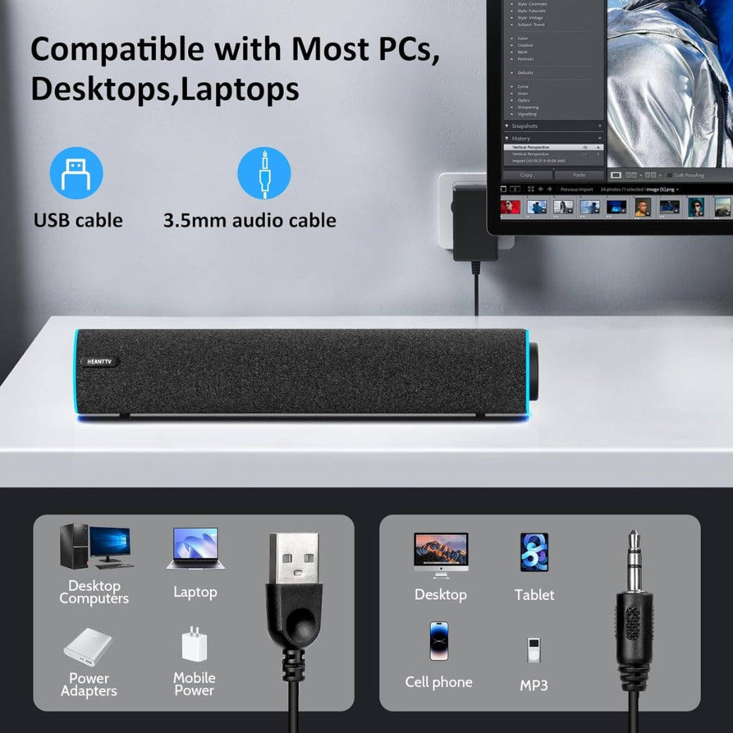 Computer Speakers, USB Powered PC Speakers with Blue LED Lights, Enhanced-Stereo Soundbar for Computer Monitor,3.5mm Aux Input & Volume Knob PC Soundbar for Desktop PC Laptop Monitor Smartphone.