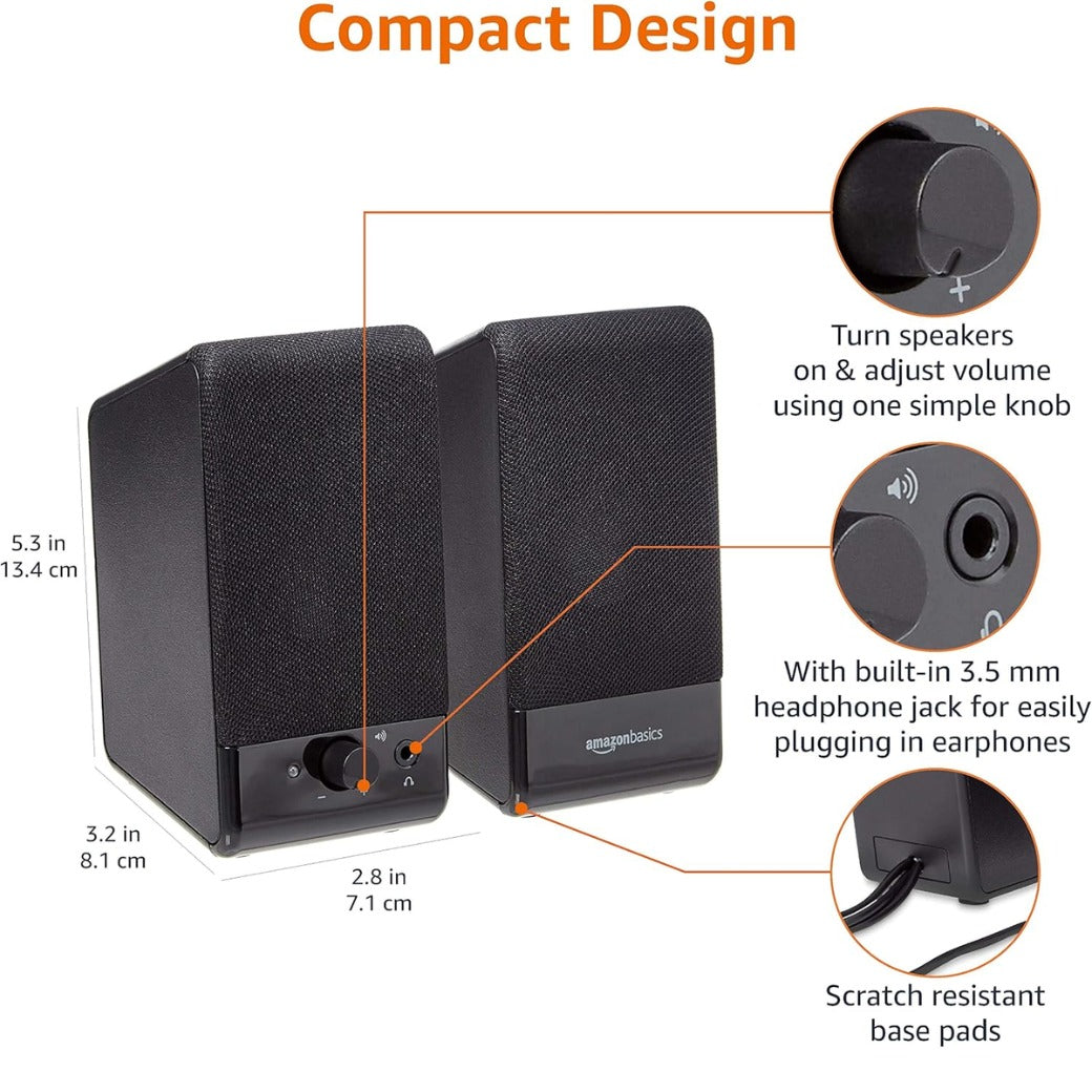 Amazon Basics Computer Speakers For Desktop or Laptop PC, USB-Powered, Black