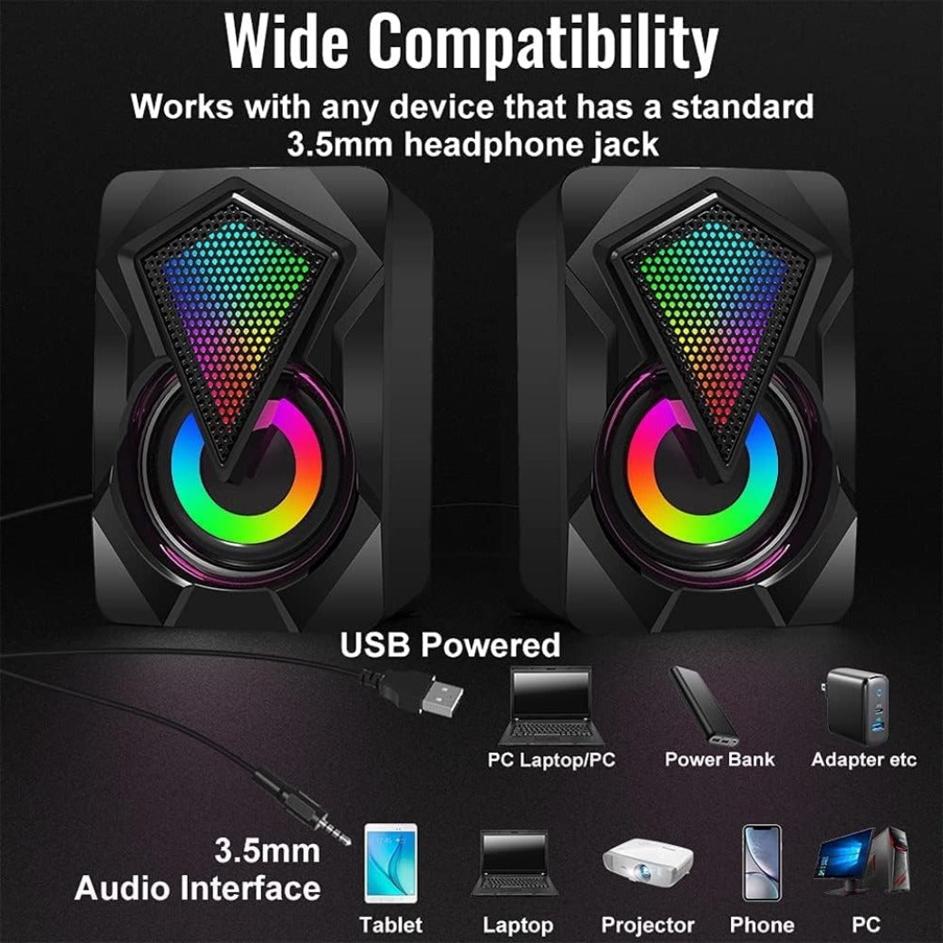 NJSJ Computer Speakers for Desktop, USB-Powered Stereo 2.0 PC Speakers with 3.5mm Aux input, Portable Mini Speaker for Laptop Smartphones MAC, Colorful RGB Lights(Black