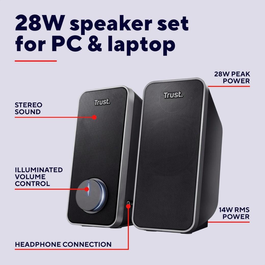 Trust Arys 2.0 PC Speakers, 28 W Peak Power, 3.5 mm Aux, USB Powered, Volume Control, Headphone Connection, Stereo Computer Speaker Set for Desktop, Laptop, Tablet, Phone - Black