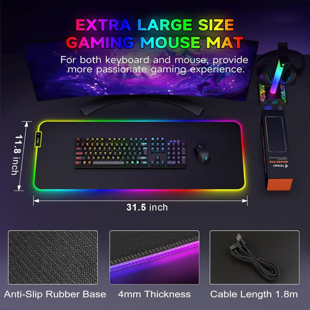 RGB Gaming Mouse Mat Pad, Large Thick (800×300×4mm) XXXL Extended Led Mousepad with Non-Slip Rubber Base, Soft Computer Keyboard Mice Mat for Macbook, PC, Laptop, Desk - Black