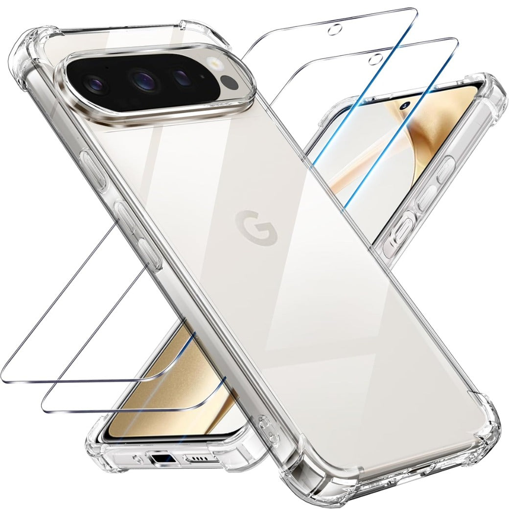 Tentoki Clear Case for Google Pixel 9/9 Pro, 3in1 with 1 Phone Case +2 Screen Protector Tempered Glass,TPU Ultra-Slim Shockproof Protective Case Cover, Prevents Yellowing Film, Transparent