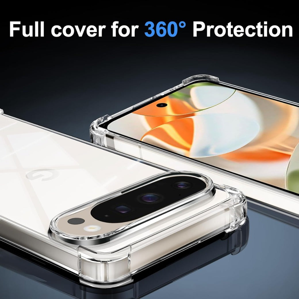 Tentoki Clear Case for Google Pixel 9/9 Pro, 3in1 with 1 Phone Case +2 Screen Protector Tempered Glass,TPU Ultra-Slim Shockproof Protective Case Cover, Prevents Yellowing Film, Transparent