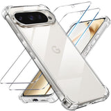 Tentoki Clear Case for Google Pixel 9/9 Pro, 3in1 with 1 Phone Case +2 Screen Protector Tempered Glass,TPU Ultra-Slim Shockproof Protective Case Cover, Prevents Yellowing Film, Transparent