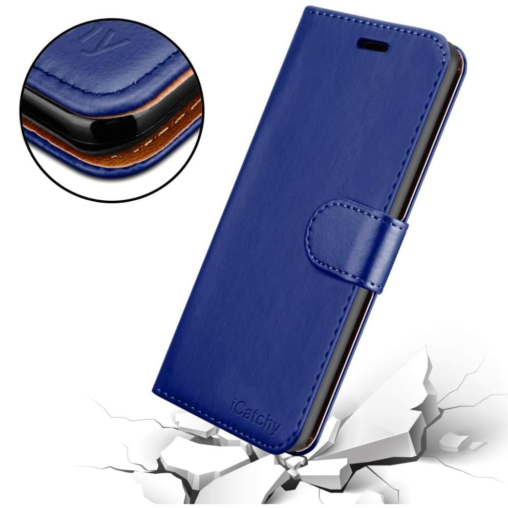 iCatchy For Samsung Galaxy A12 Case Leather Wallet Book Flip Folio Stand View Cover with Card Slots Compatible with Galaxy A12 5G (6.5'') (Blue)