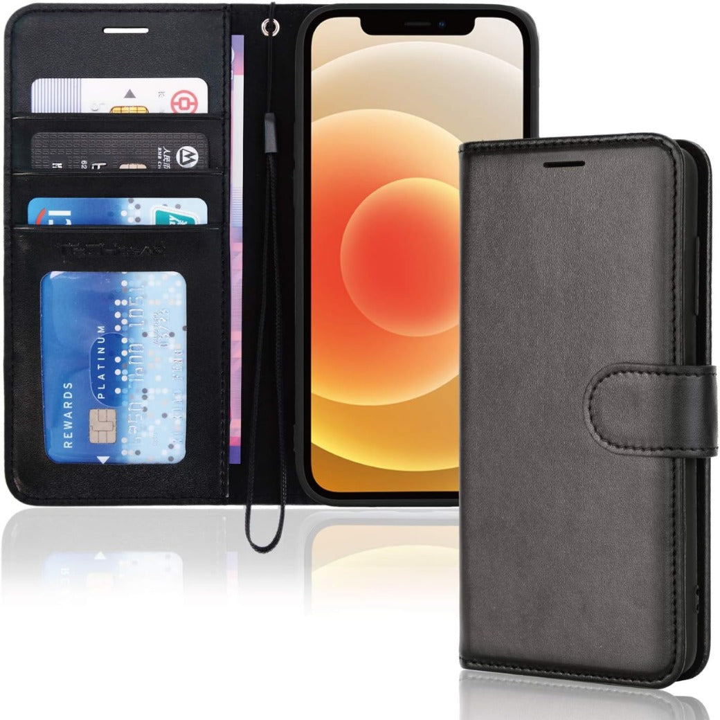 iPhone 12 / iPhone 12 Pro Leather Wallet Case, Flip Protective Case Cover with Wallet Card Holder, Stand and Wrist Strap - Black PU Leather with Magnetic Closure for iPhone 12/12 Pro 6.1