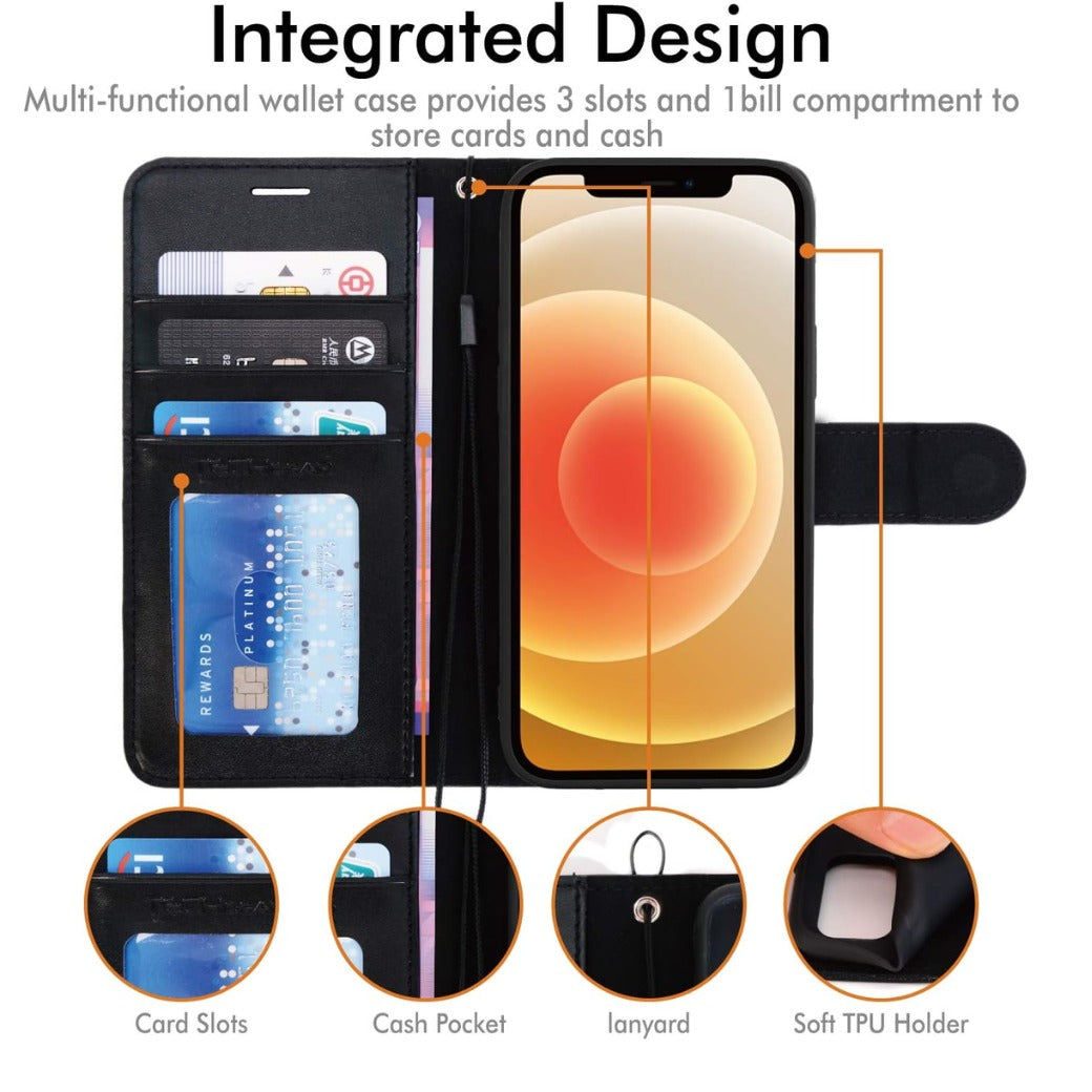 iPhone 12 / iPhone 12 Pro Leather Wallet Case, Flip Protective Case Cover with Wallet Card Holder, Stand and Wrist Strap - Black PU Leather with Magnetic Closure for iPhone 12/12 Pro 6.1