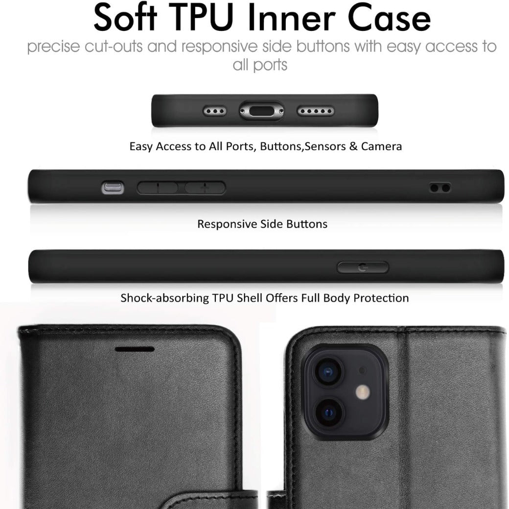 iPhone 12 / iPhone 12 Pro Leather Wallet Case, Flip Protective Case Cover with Wallet Card Holder, Stand and Wrist Strap - Black PU Leather with Magnetic Closure for iPhone 12/12 Pro 6.1