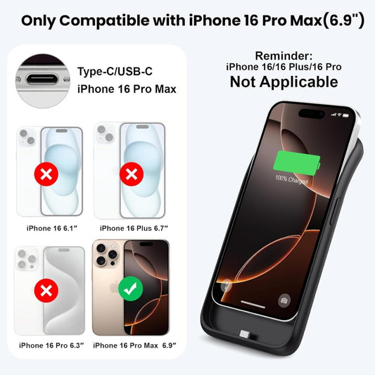Battery Case for iPhone 16 Pro Max,Powerful 8600mah Portable Extended Battery Charger Cover for iPhone 16 Pro Max Charging Case(6.9 Inch)-Black