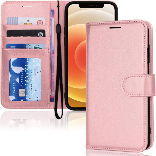 iPhone 12 / iPhone 12 Pro Leather Wallet Case, Flip Protective Case Cover with Wallet Card Holder, Stand and Wrist Strap - Pink PU Leather with Magnetic Closure for iPhone 12/12 Pro 6.1