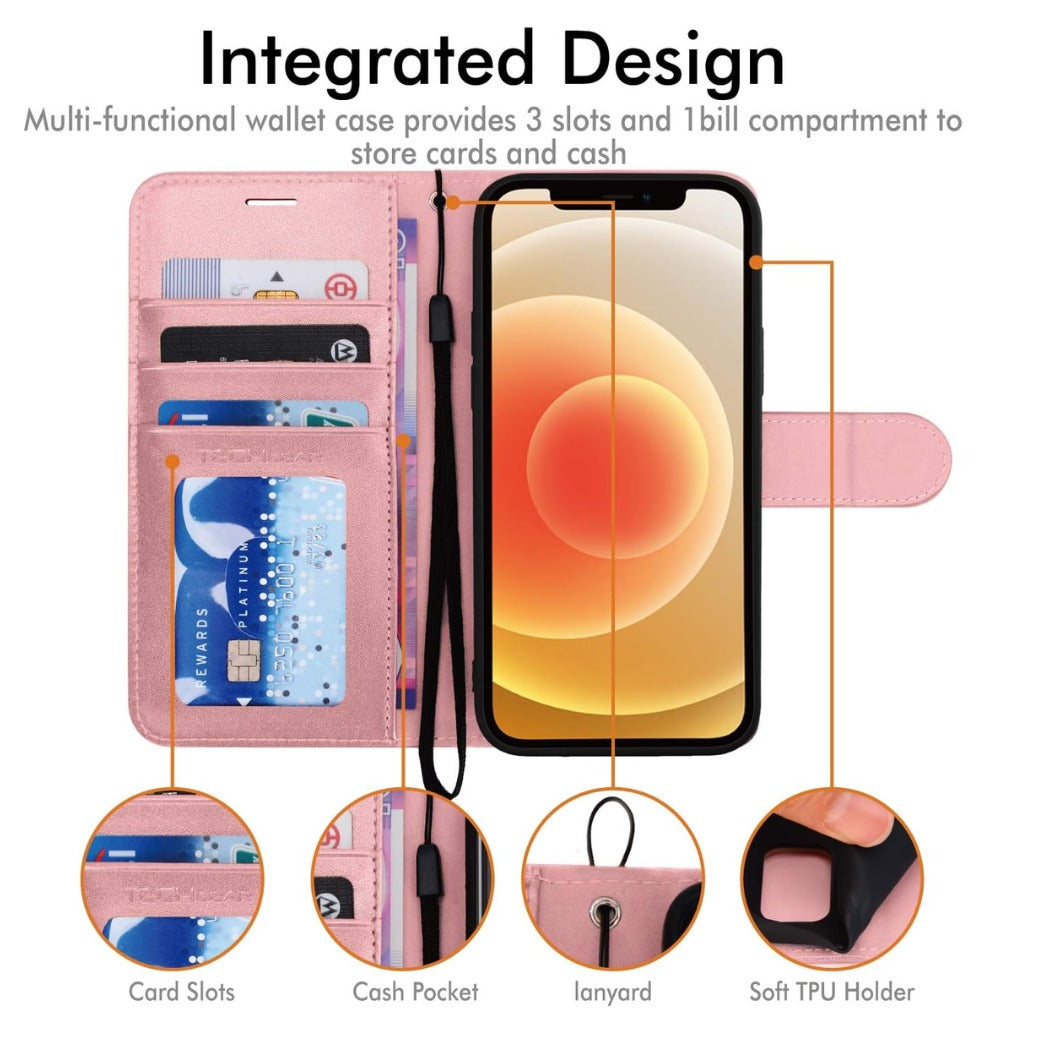 iPhone 12 / iPhone 12 Pro Leather Wallet Case, Flip Protective Case Cover with Wallet Card Holder, Stand and Wrist Strap - Pink PU Leather with Magnetic Closure for iPhone 12/12 Pro 6.1