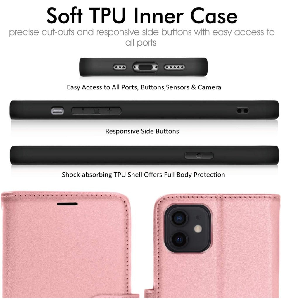 iPhone 12 / iPhone 12 Pro Leather Wallet Case, Flip Protective Case Cover with Wallet Card Holder, Stand and Wrist Strap - Pink PU Leather with Magnetic Closure for iPhone 12/12 Pro 6.1