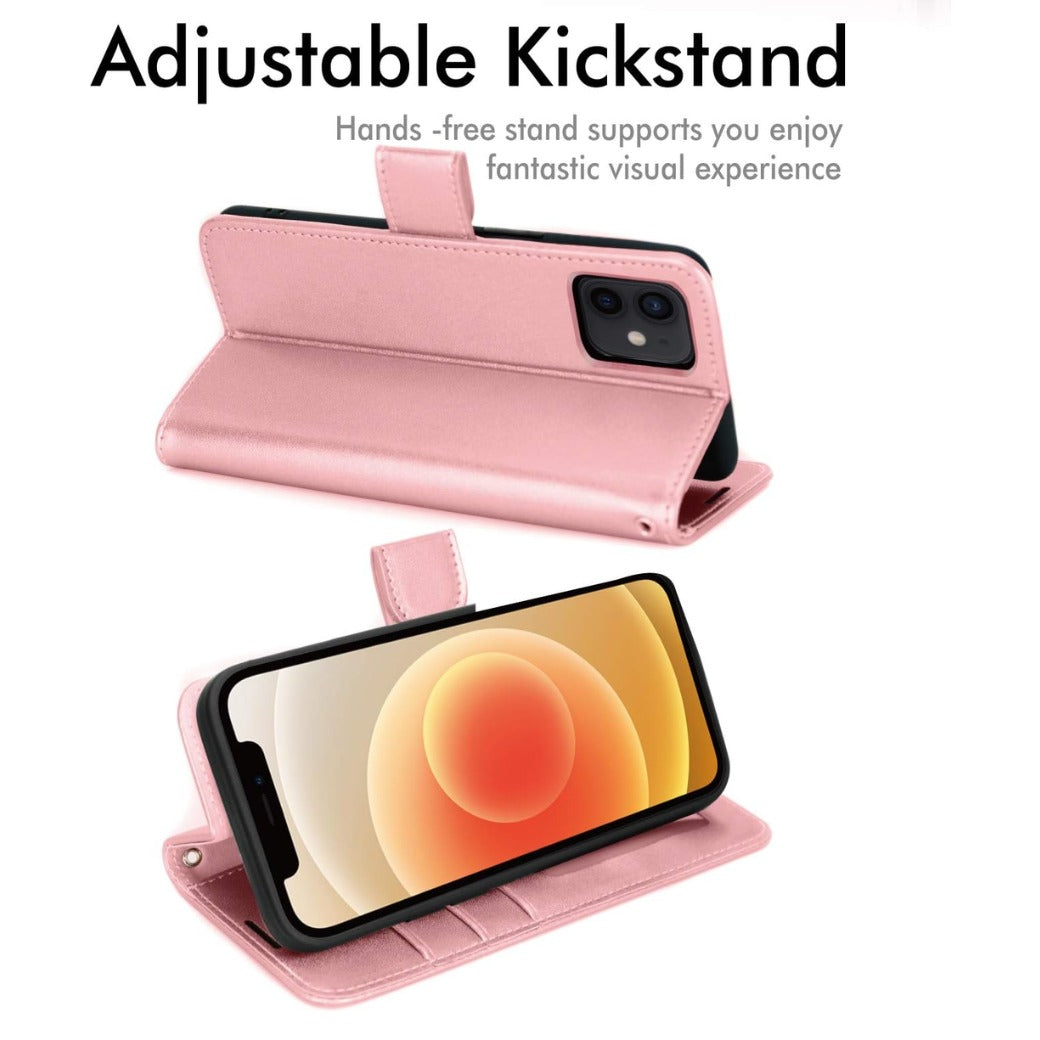 iPhone 12 / iPhone 12 Pro Leather Wallet Case, Flip Protective Case Cover with Wallet Card Holder, Stand and Wrist Strap - Pink PU Leather with Magnetic Closure for iPhone 12/12 Pro 6.1