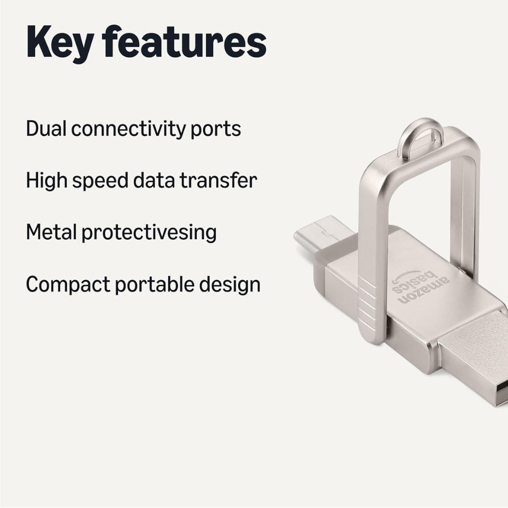 Basics USB Flash Drive, Thumb Drive Memory Stick with USB C and USB A Dual Ports, 128GB, Champagne Silver