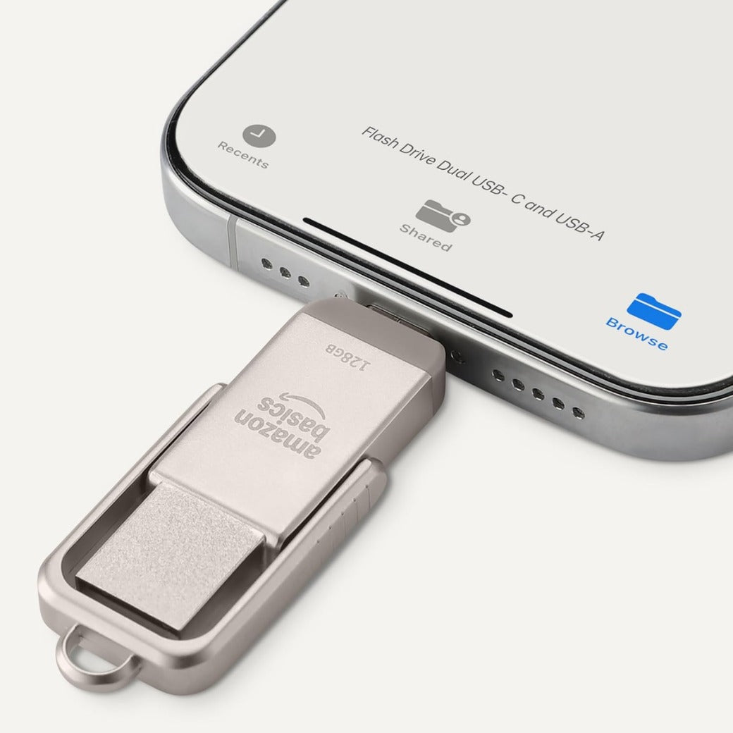 Basics USB Flash Drive, Thumb Drive Memory Stick with USB C and USB A Dual Ports, 128GB, Champagne Silver