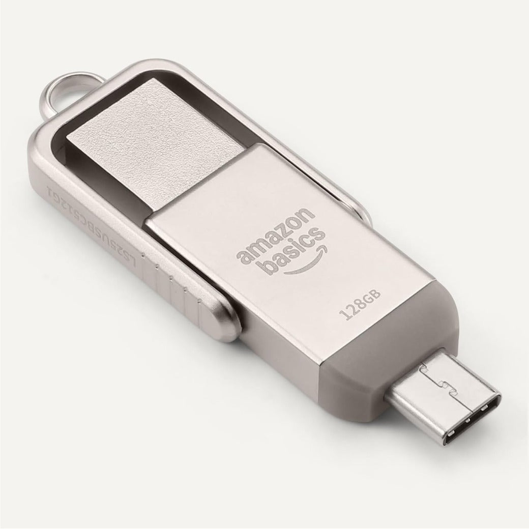 Basics USB Flash Drive, Thumb Drive Memory Stick with USB C and USB A Dual Ports, 128GB, Champagne Silver