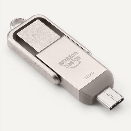 Basics USB Flash Drive, Thumb Drive Memory Stick with USB C and USB A Dual Ports, 128GB, Champagne Silver