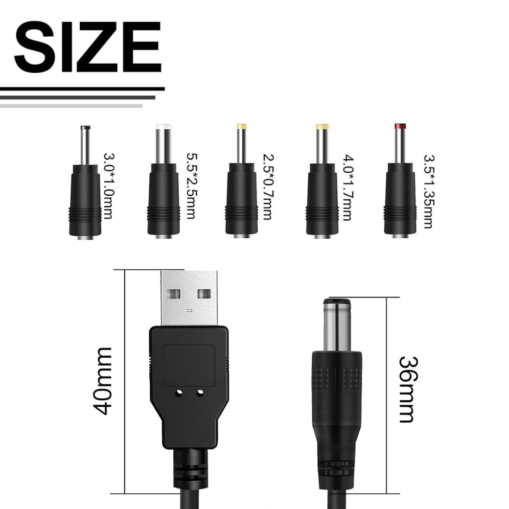 1m DC 5V Charger 2.0 A Universal USB Power Cable Male to DC 5.5 x 2.1mm Adapter, USB to DC Power Cable for Fan, Router, Speakers with 2.5x0.7mm 3.5x1.35mm 4.0x1.7mm 5.5x2.5mm 3.0x1.0mm 5 Connectors T