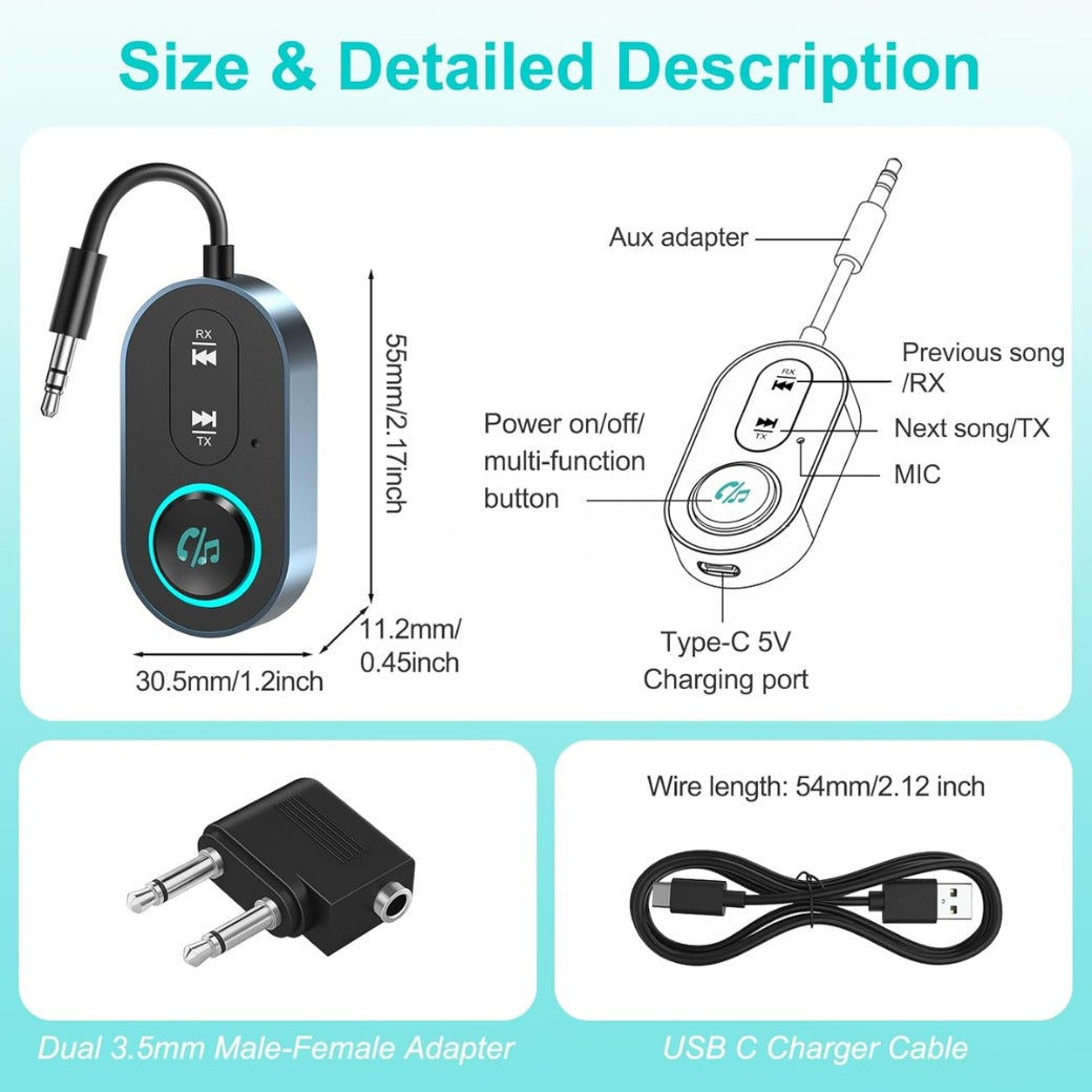 Bluetooth 5.3 Transmitter Receiver, 2 in 1 Wireless Aux Bluetooth Adapter, 3.5mm Airplane B-luetooth Adapter Compatible with 2 AirPods & Wireless Headphones, for TV