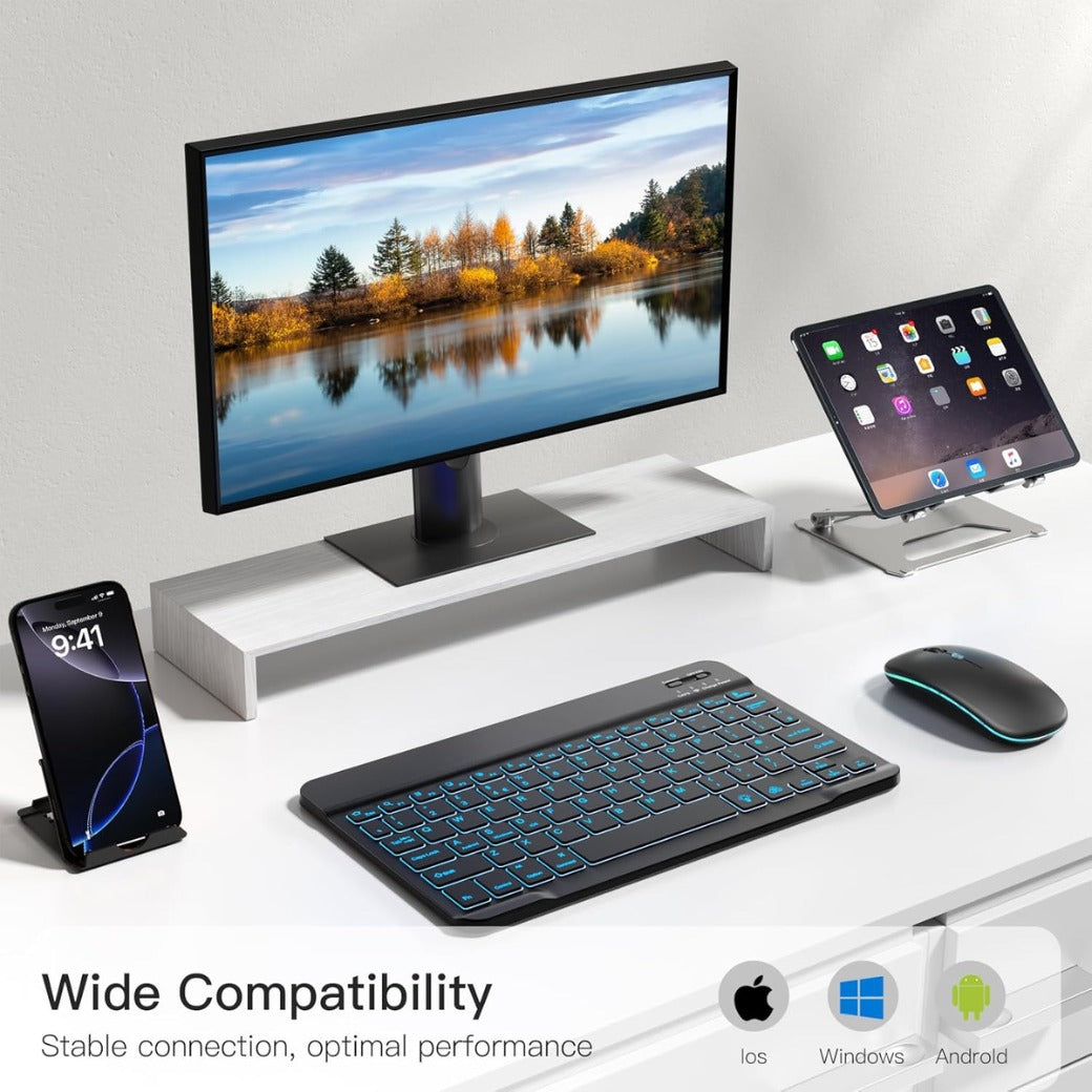 Bluetooth Keyboard and Mouse Set with Backlight, Quiet Rechargeable Wireless Keyboard and Mouse with Phone Holde