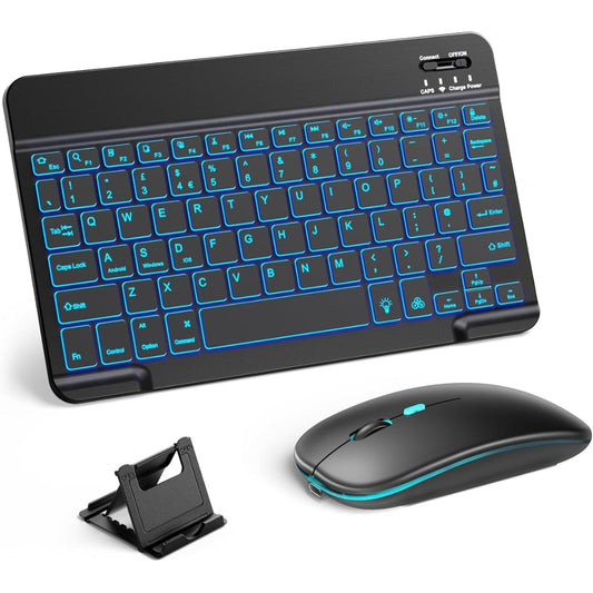 Bluetooth Keyboard and Mouse Set with Backlight, Quiet Rechargeable Wireless Keyboard and Mouse with Phone Holde