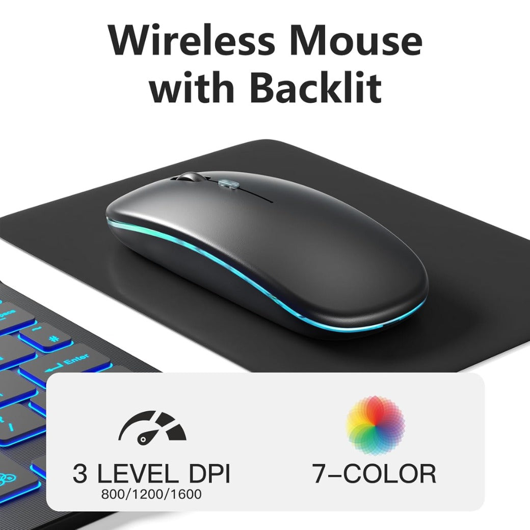 Bluetooth Keyboard and Mouse Set with Backlight, Quiet Rechargeable Wireless Keyboard and Mouse with Phone Holde