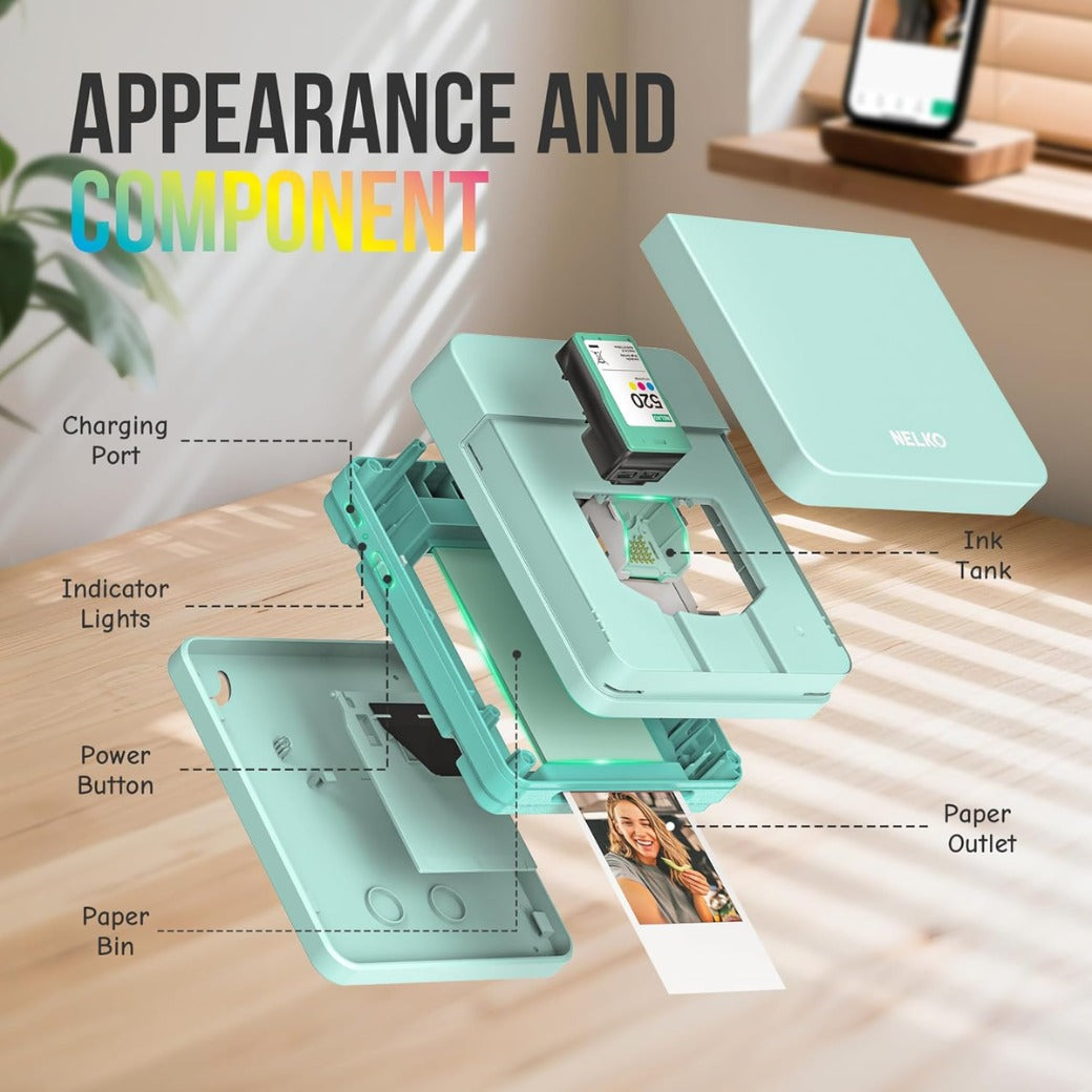 Nelko Photo Printer, PP01 Color Portable Mini Photo Printer, Instant Smartphone Inkjet Sticker Printer, Sticky-Back Photos, for iOS & Android, Picture Printer for Christmas