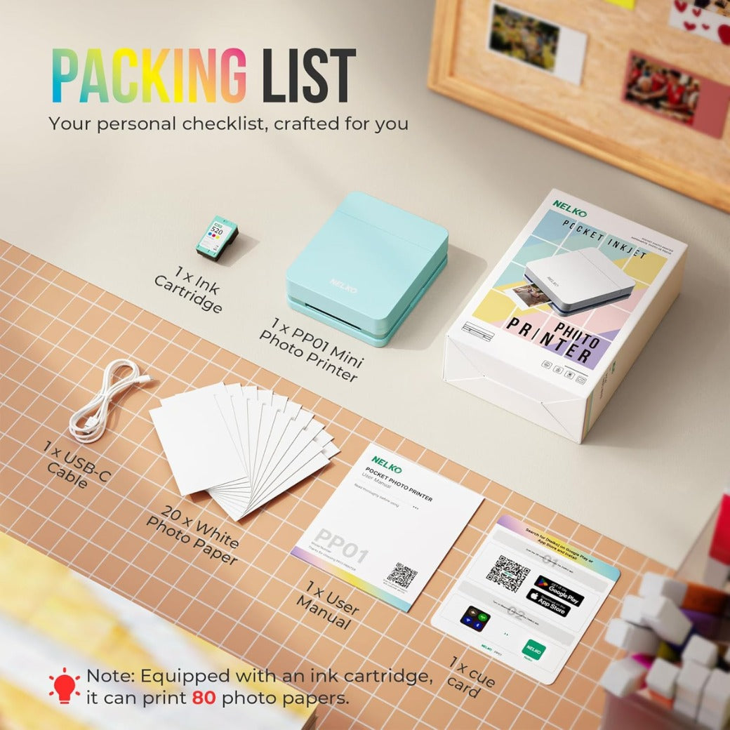 Nelko Photo Printer, PP01 Color Portable Mini Photo Printer, Instant Smartphone Inkjet Sticker Printer, Sticky-Back Photos, for iOS & Android, Picture Printer for Christmas