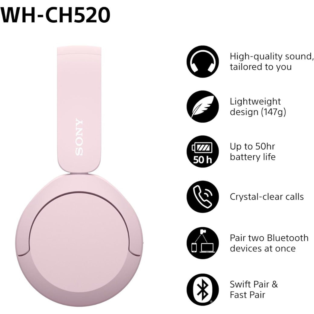 Sony WH-CH520 Wireless Bluetooth On-Ear Headphones, Sound, Lightweight Design, Up to 50hr Battery Life, Quick Charge, EQ, Clear Call Quality, iOS & Android - Pink