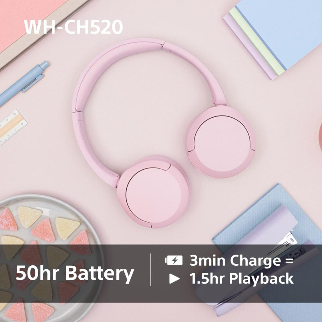 Sony WH-CH520 Wireless Bluetooth On-Ear Headphones, Sound, Lightweight Design, Up to 50hr Battery Life, Quick Charge, EQ, Clear Call Quality, iOS & Android - Pink