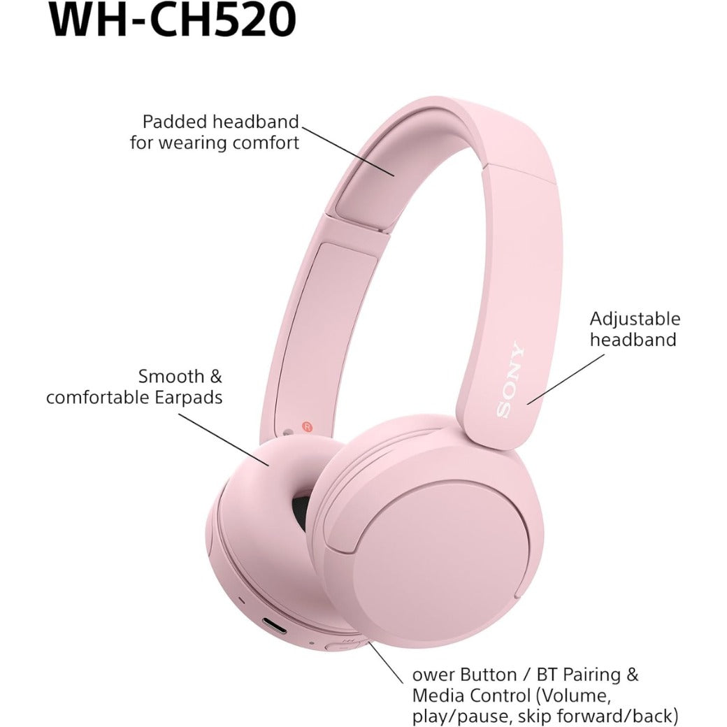 Sony WH-CH520 Wireless Bluetooth On-Ear Headphones, Sound, Lightweight Design, Up to 50hr Battery Life, Quick Charge, EQ, Clear Call Quality, iOS & Android - Pink