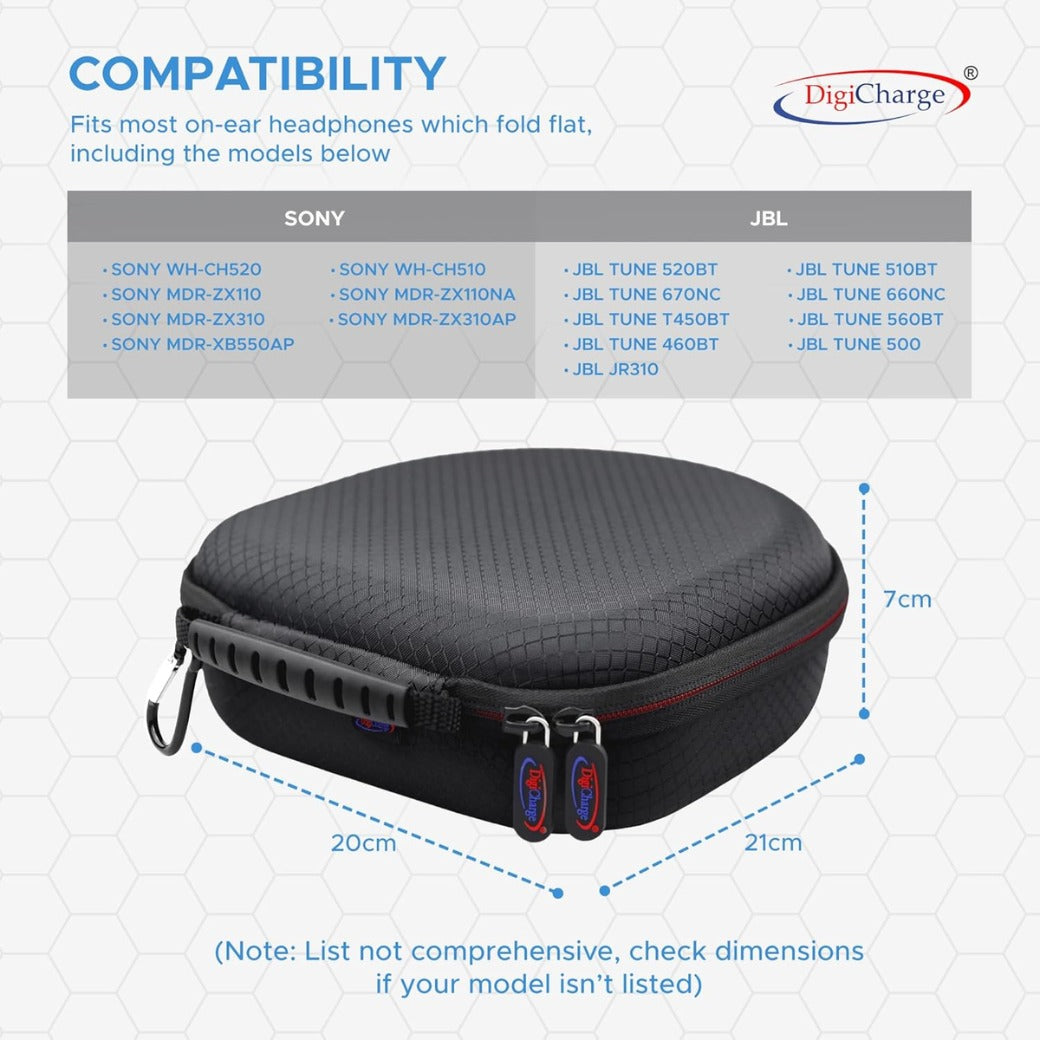 Digicharge Carry Case for Sony WH-CH520 / WH-CH510 / MDR-ZX110, JBL Tune 520BT / 510BT Headphones Wireless Bluetooth Flat Folding On-Ear, Protective Cover Travel Storage Bag