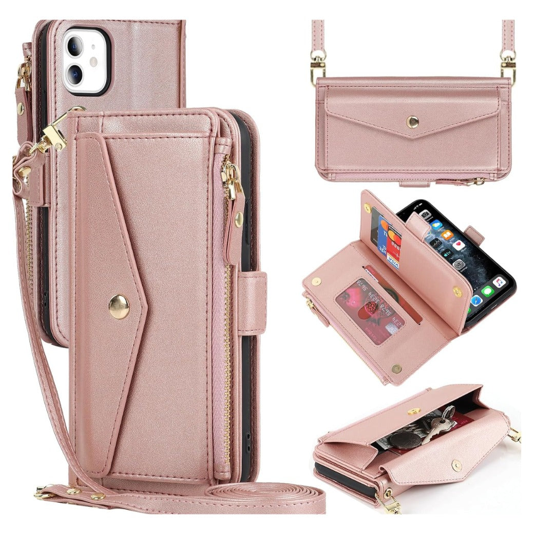 Zouzt for iPhone 11 Wallet Case for Women, Purse with Credit Card Holder Slots Crossbody Lanyard Strap Zipper Flip Book Shockproof Protective Phone Cover for Apple 11 6.1 Inch (Pink)