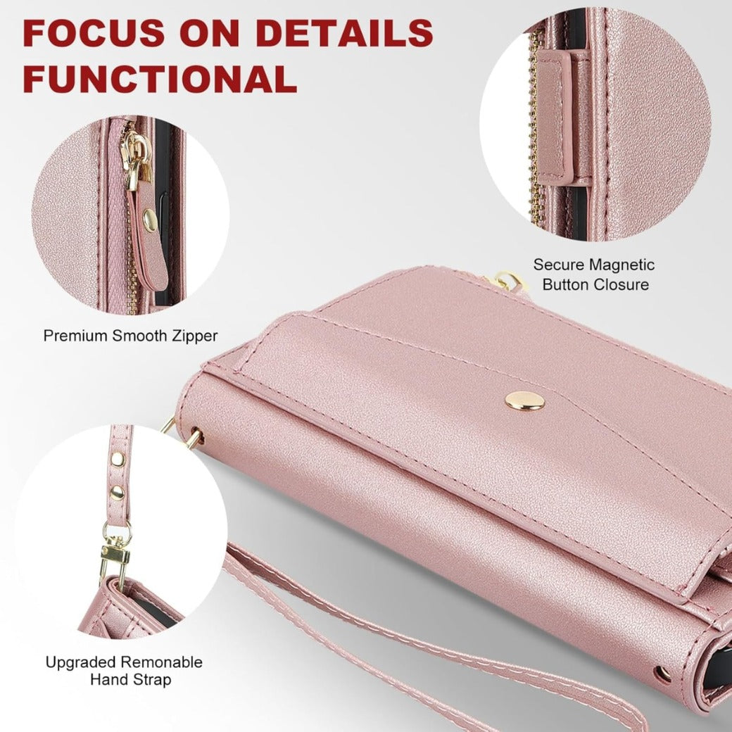 Zouzt for iPhone 11 Wallet Case for Women, Purse with Credit Card Holder Slots Crossbody Lanyard Strap Zipper Flip Book Shockproof Protective Phone Cover for Apple 11 6.1 Inch (Pink)