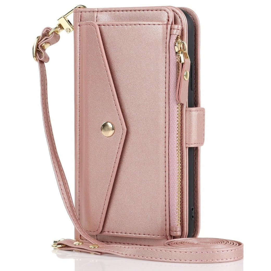 Zouzt for iPhone 11 Wallet Case for Women, Purse with Credit Card Holder Slots Crossbody Lanyard Strap Zipper Flip Book Shockproof Protective Phone Cover for Apple 11 6.1 Inch (Pink)
