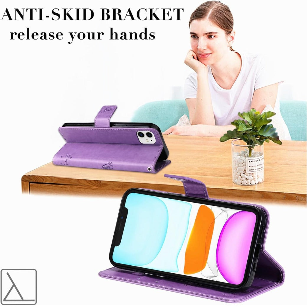 Case for iPhone 11, Leather Case Wallet Flip Cover with Card Holder Slot Flowers Design Pattern Magnetic Stand Strap Shockproof Protective Phone Case Cover for iPhone 11,Blue