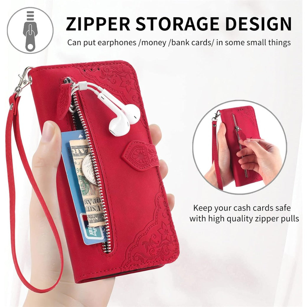 Zipper Wallet Case Compatible with Samsung Galaxy A13 4G, PU Leather Flip Case, with Wristlet Magnetic Closure Kickstand TPU Shockproof Cover for Samsung A13 4G - Red