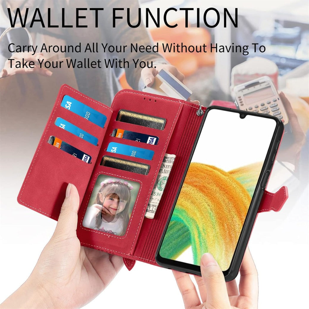 Zipper Wallet Case Compatible with Samsung Galaxy A13 4G, PU Leather Flip Case, with Wristlet Magnetic Closure Kickstand TPU Shockproof Cover for Samsung A13 4G - Red