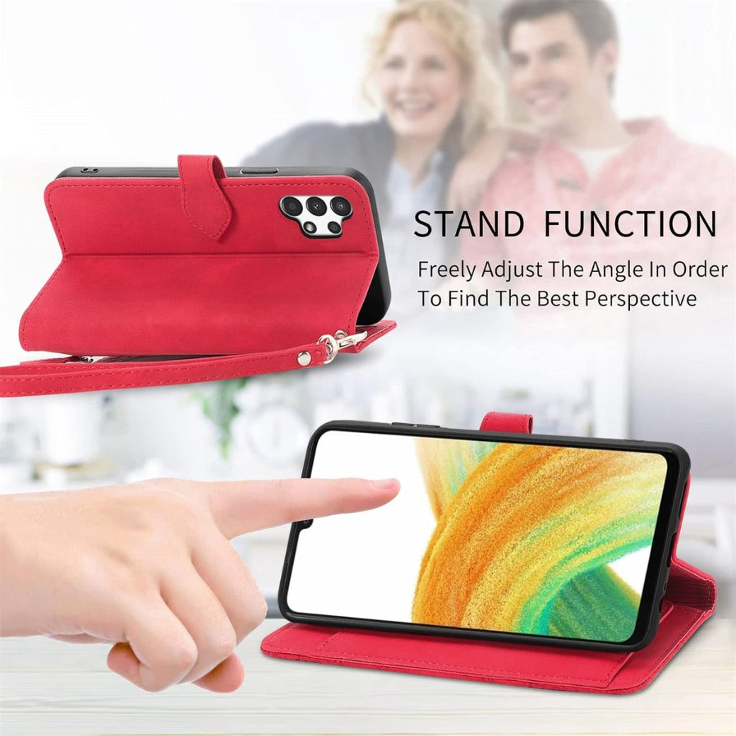 Zipper Wallet Case Compatible with Samsung Galaxy A13 4G, PU Leather Flip Case, with Wristlet Magnetic Closure Kickstand TPU Shockproof Cover for Samsung A13 4G - Red
