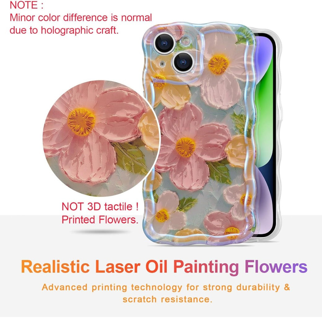 Case for iPhone 13, Colorful Retro Oil Painting Flower Laser Beam Glossy Pattern Cute Curly Waves Border Exquisite Phone Cover Stylish Durable Soft TPU Protective Case for Girls Women - Green