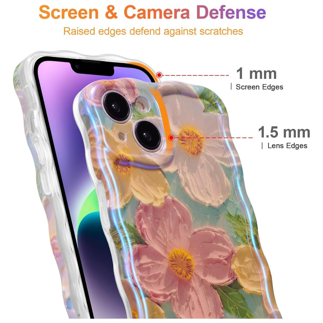 Case for iPhone 13, Colorful Retro Oil Painting Flower Laser Beam Glossy Pattern Cute Curly Waves Border Exquisite Phone Cover Stylish Durable Soft TPU Protective Case for Girls Women - Green