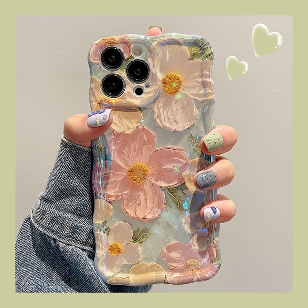 Case for iPhone 13, Colorful Retro Oil Painting Flower Laser Beam Glossy Pattern Cute Curly Waves Border Exquisite Phone Cover Stylish Durable Soft TPU Protective Case for Girls Women - Green