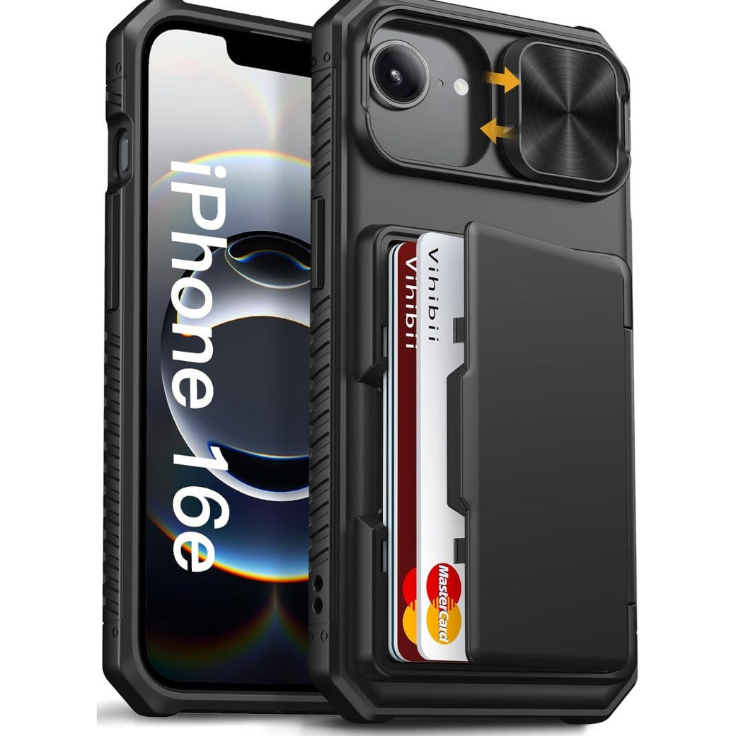 iPhone 16e Case with Card Holder (4 Cards) [RFID Blocking] & Slide Camera Cover, Military Grade Drop Protection, Rugged Hard Back & Silicone Edge Wallet Cover for iPhone SE4 2025, Black