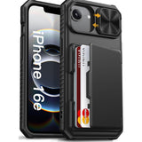 iPhone 16e Case with Card Holder (4 Cards) [RFID Blocking] & Slide Camera Cover, Military Grade Drop Protection, Rugged Hard Back & Silicone Edge Wallet Cover for iPhone SE4 2025, Black
