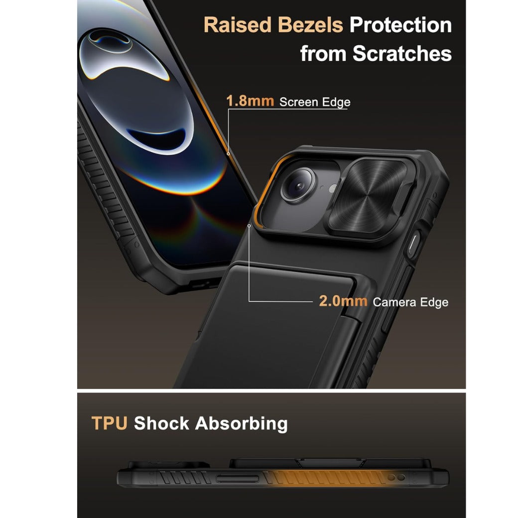 iPhone 16e Case with Card Holder (4 Cards) [RFID Blocking] & Slide Camera Cover, Military Grade Drop Protection, Rugged Hard Back & Silicone Edge Wallet Cover for iPhone SE4 2025, Black